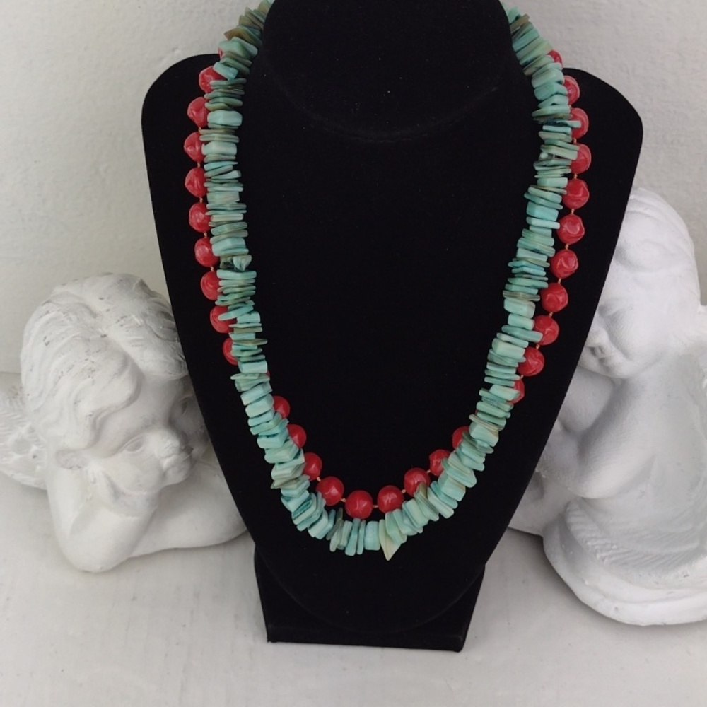 Turquoise Like Shell/Stone Chip & Red Polymer Bead 2 Layer  One Clasp Necklace